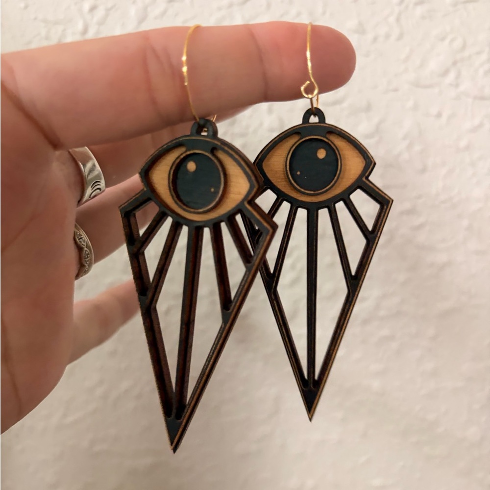 Carved Wooden Evil Eye Earrings